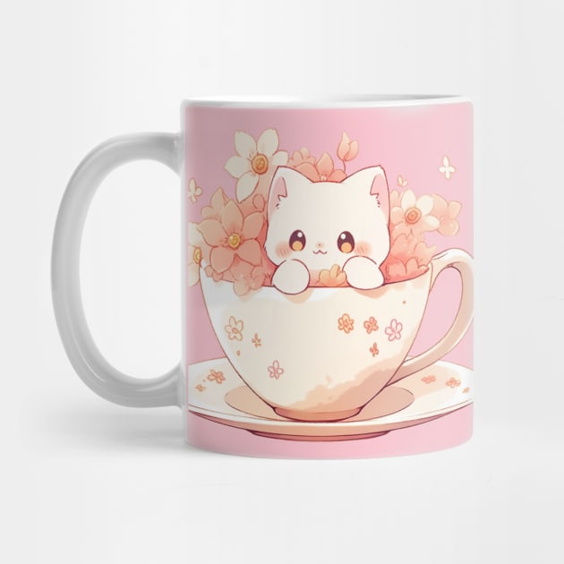 Cute Cat in a Teacup with Flowers by Seraphine